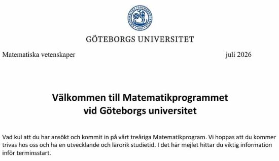 2026 Antagen till Matematikprogrammet vid Göteborgs Universitet